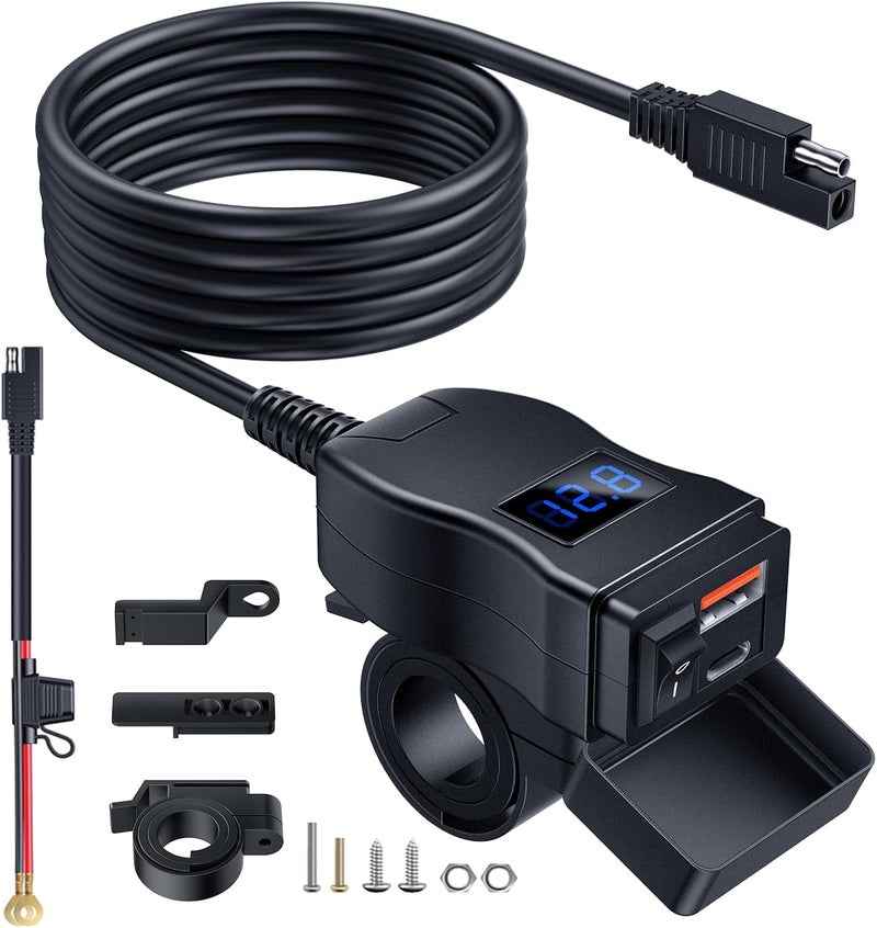 EXTRACTME شاحن USB للدراجات النارية، شاحن هاتف دراجة نارية مزدوج USB نوع C PD وشحن سريع 3.0 مع فولت متر وزر تشغيل/إيقاف، ملحقات دراجات نارية مقاومة للماء لجميع الهواتف، الأجهزة اللوحية، GPS - Image 1